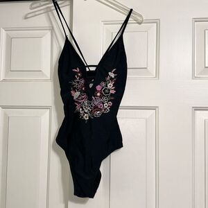 ALATR’D STATE Black Floral Embroidered Knee Piece Swimsuit